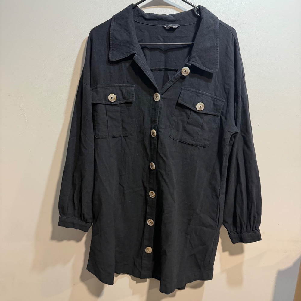 Very J Womens Black Cotton Button Down Utility Shirt Dress Tunic VD32865 L